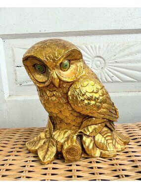 Vintage 1970's Syroco Plastic Gold Owl Large Figurine Boho Retro
